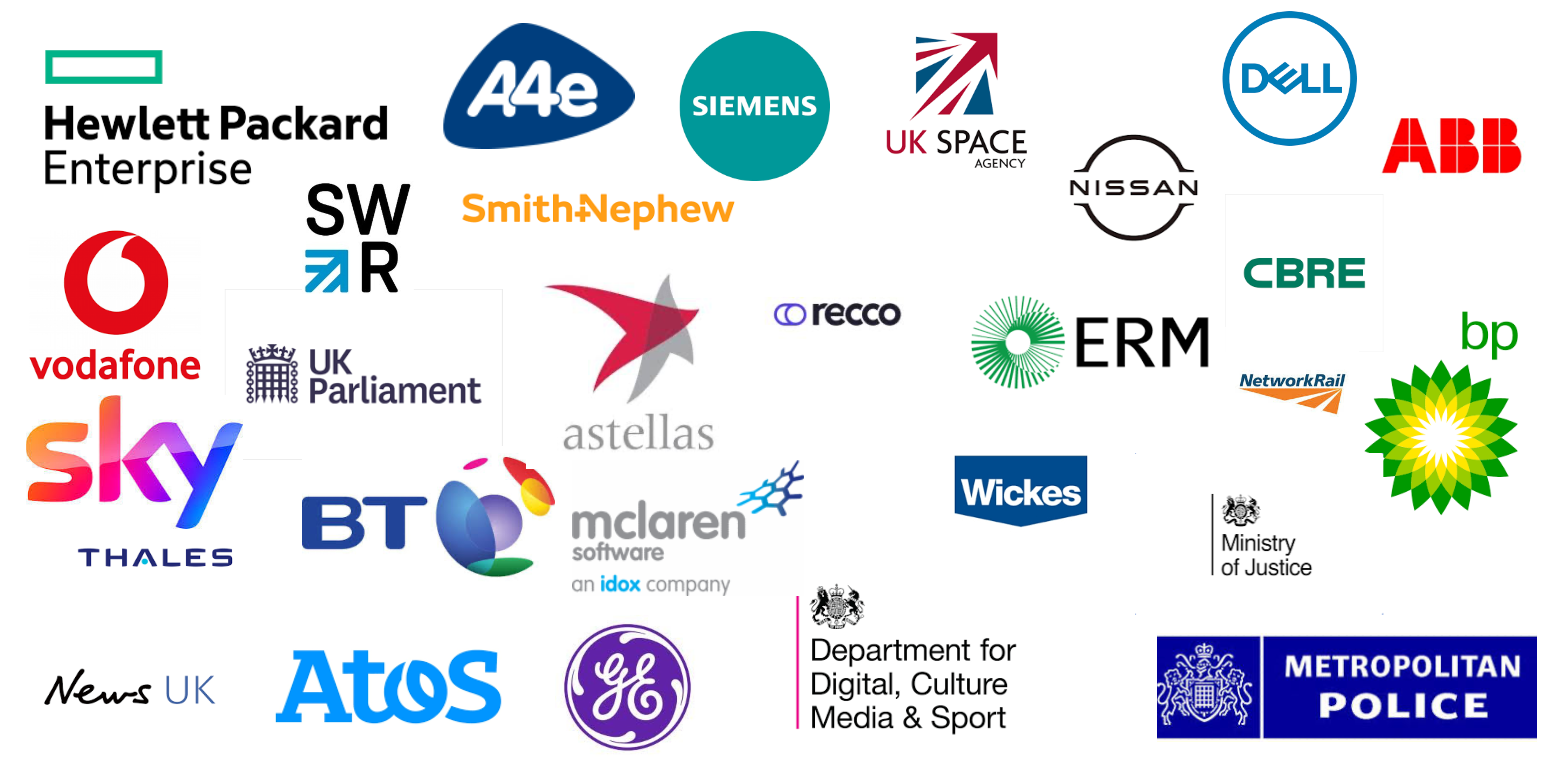 Client logos including BP, BBC, Metropolitan Police, Ministry of Justice, and other major organisations